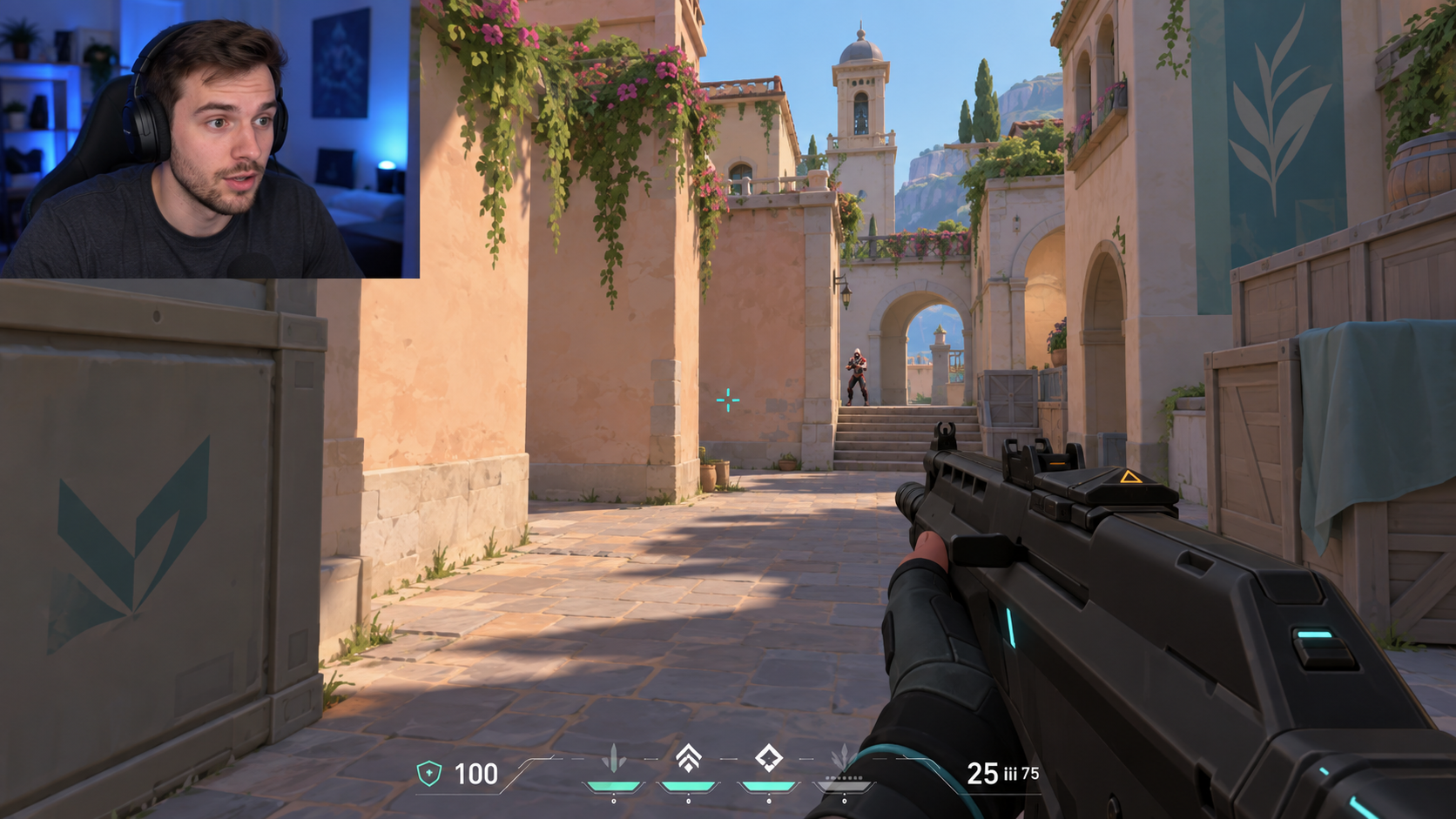AI-generated tactical gameplay scene with a fictional streamer in a facecam overlay.