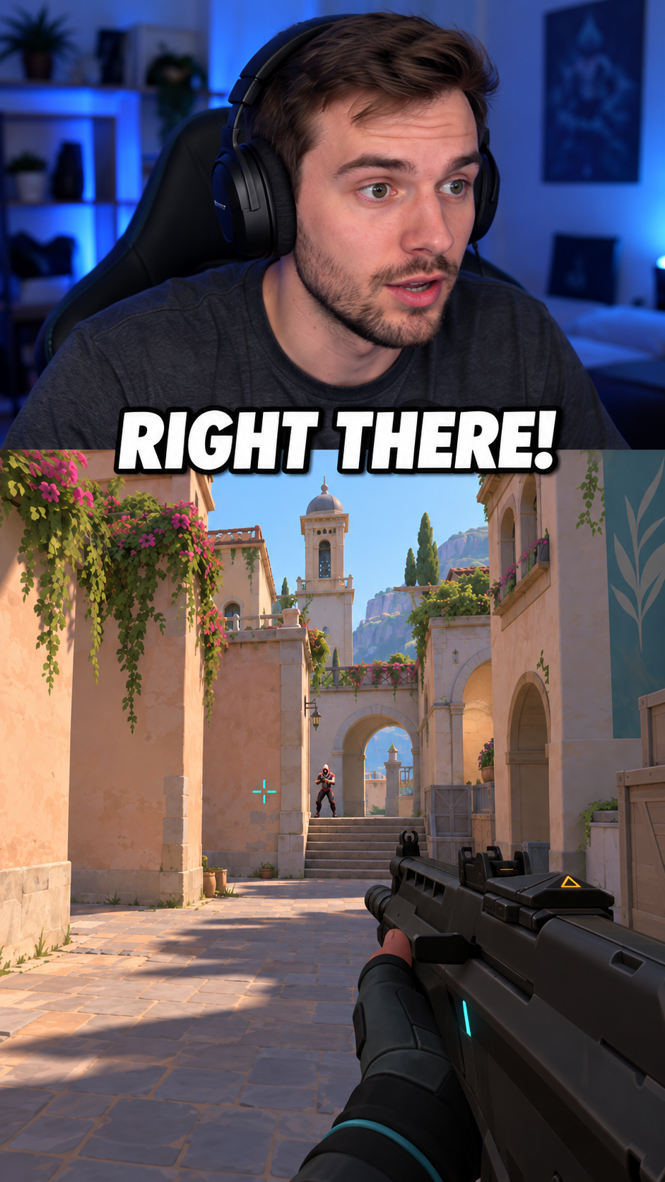 Illustrative vertical layout with a fictional streamer above gameplay and an example caption between them.